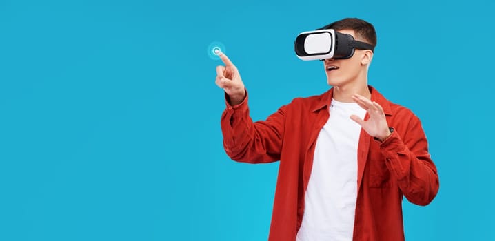Man, press and VR or futuristic glasses for education, 3d software or gaming in studio metaverse. Student in virtual reality, touch glow and fingerprint hologram on a blue background and banner space.