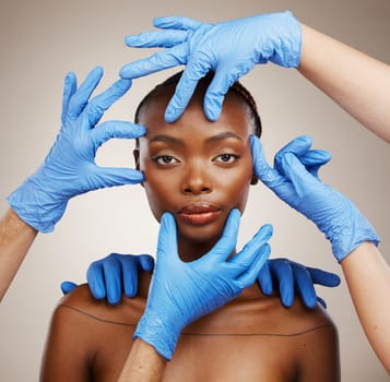 Portrait, hands and plastic surgery for change with a black woman patient in studio on a gray background for cosmetics. Face, beauty transformation and a young model getting ready for botox treatment.