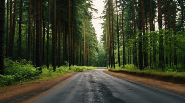 Forest with tall trees. Road in the center. AI