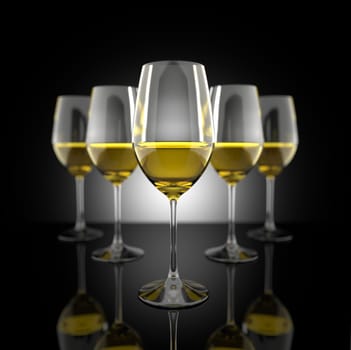 White wine glass set 3D illustration render
