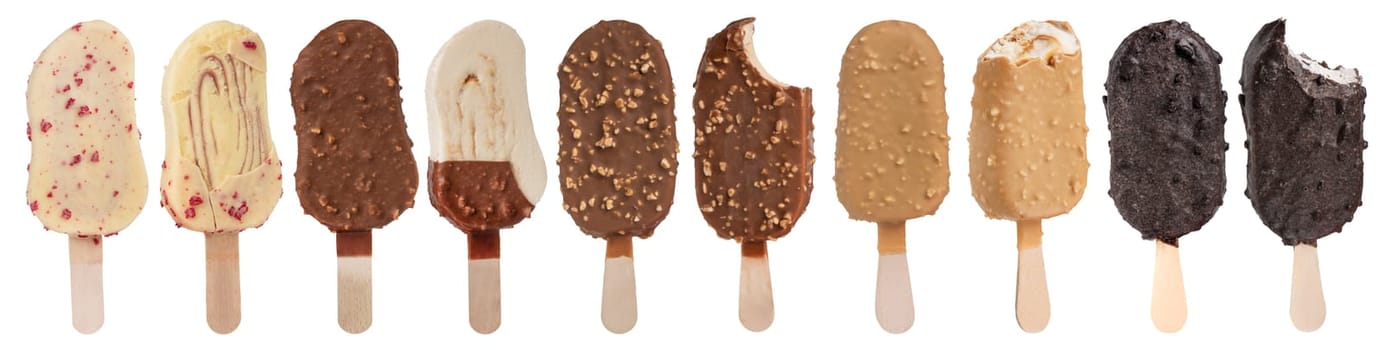 Chocolate ice creams with icing of different colors. A set of ice cream of different types, flavors on a white isolated background. High quality photo