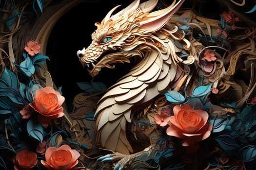 Fantastical dragon in cut out style, close-up, fantastic character, colorful bright background.ai generative art,