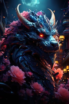 Fantastical dragon in 3D style, close-up, fantastic character, colorful bright background.ai generative art,