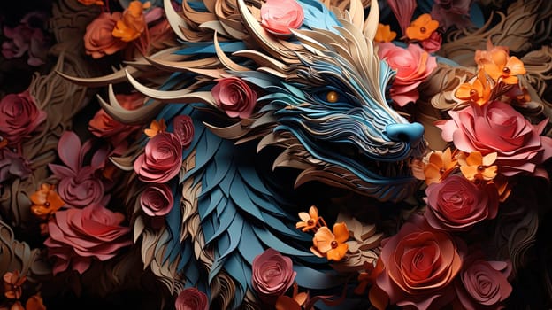 Fantastical dragon in cut out style, close-up, fantastic character, colorful bright background.ai generative art,