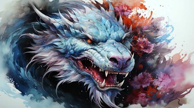 watercolor Fantastical dragon in Japanese style,, close-up, fantastic character, colorful bright background.ai generative art,