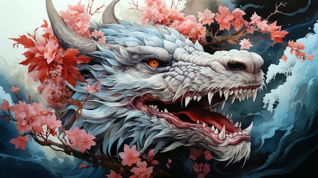 watercolor Fantastical dragon in Japanese style,, close-up, fantastic character, colorful bright background.ai generative art,