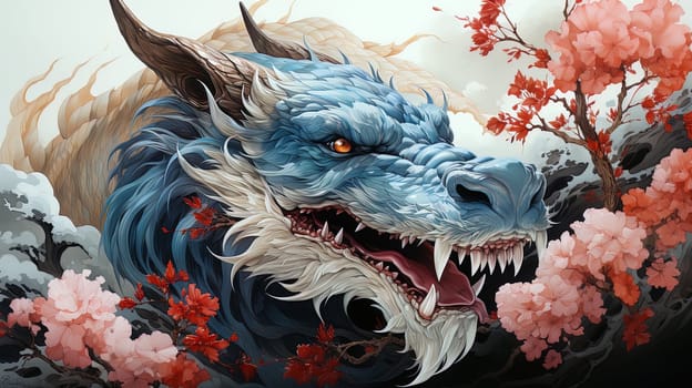watercolor Fantastical dragon in Japanese style,, close-up, fantastic character, colorful bright background.ai generative art,
