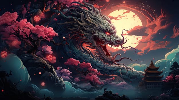 Fantastical dragon , in cartoon style, close-up, fantastic character, colorful bright background.ai generative art,