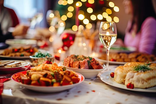 Close up view of dinner table full of food at christmas eve celebration.