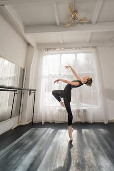 A beautiful Asian woman is dancing at the barre. Ballet dancer