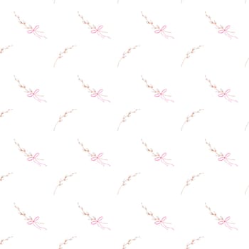 seamless watercolor pattern of willow branch and bow. Easter elegant pattern for printing on textiles, tablecloths, bedspreads, napkins. Happy Easter festive pattern. High quality illustration