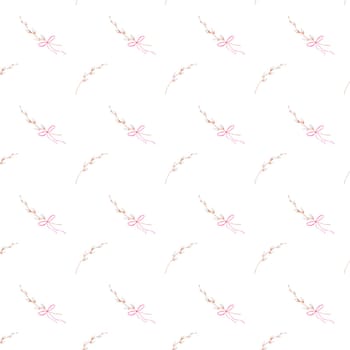 seamless watercolor pattern of willow branch and bow. Easter elegant pattern for printing on textiles, tablecloths, bedspreads, napkins. Happy Easter festive pattern. High quality illustration