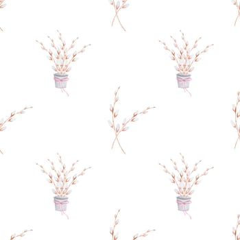 seamless watercolor pattern of willow branch. Easter elegant pattern for printing on textiles, tablecloths, bedspreads, napkins. Happy Easter festive pattern. High quality illustration