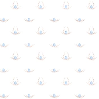 seamless watercolor pattern of willow branch and egg. Easter elegant pattern for printing on textiles, tablecloths, bedspreads, napkins. Happy Easter festive pattern. High quality illustration