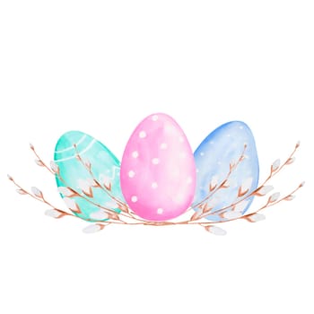 watercolor drawing of Easter eggs with willow branches. tender fluffy willow and colorful eggs for the Bright Easter holiday. isolate to create your design. for postcard, poster, sticker, pillow print. High quality illustration