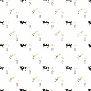 seamless pattern drawn by hand. cute cow with bow and can. farm rural life rustic style for printing on textiles, packaging, scrapbooking. High quality photo