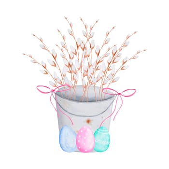 watercolor illustration isolate bucket with willow branches and eggs. Easter pattern for printing on cards, pillows, posters, banner decoration. High quality illustration