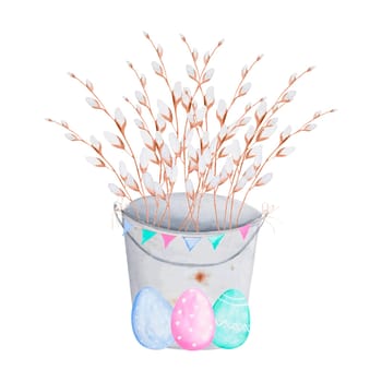 watercolor drawing of an Easter bucket with willow branches and flags, garlands, eggs and. tender fluffy willow for the bright holiday of Easter. isolate to create your design. for postcard, poster, sticker, pillow print. High quality illustration