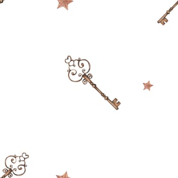 watercolor seamless pattern vintage keys and stars. cute pattern for children's textiles, packaging, printing, paper. enjoy. High quality photo