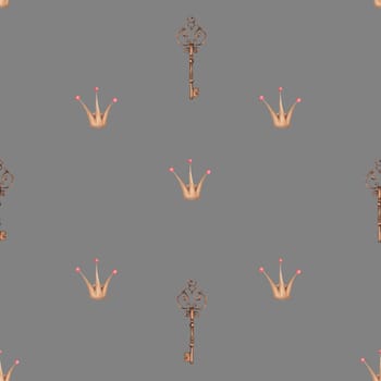 seamless watercolor pattern vintage keys and princess crown. cute beautiful pattern with the image of a key and a crown on a black background for princesses. enjoy. High quality illustration