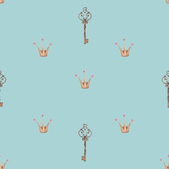 seamless watercolor pattern vintage keys and princess crown. cute beautiful pattern with the image of a key and a crown on a background for princesses. enjoy. High quality illustration