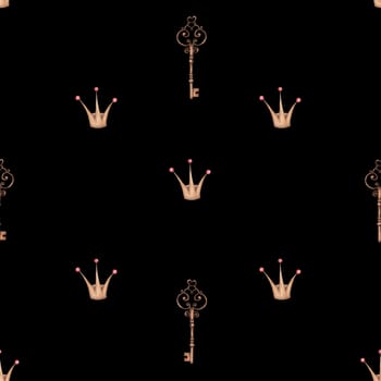 seamless watercolor pattern vintage keys and princess crown. cute beautiful pattern with the image of a key and a crown on a black background for princesses. enjoy. High quality illustration