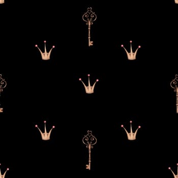 seamless watercolor pattern vintage keys and princess crown. cute beautiful pattern with the image of a key and a crown on a black background for princesses. enjoy. High quality illustration