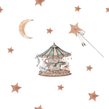 seamless watercolor pattern with vintage animal carousel. beautiful pattern in vintage style with garlands and flags, magic wand, month and stars. for little princesses. for bed linen, interior design, printing, wrapping paper, wallpapers, dresses.