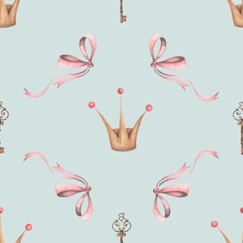 seamless watercolor pattern with crown, key and bow. cute pattern for princesses. textiles for little babies. enjoy. High quality photo