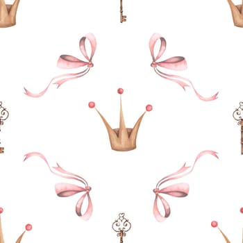 seamless watercolor pattern with crown, key and bow. cute pattern for princesses. textiles for little babies. enjoy. High quality photo