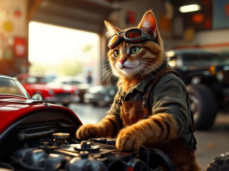 Ginger cat as a mechanic wearing goggles and overalls, repairing a car engine in a garage, with classic cars in the background. Ai generated