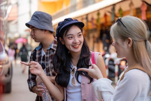 A joyful moment of friends a vibrant market sharing laughter and making unforgettable travel memories.