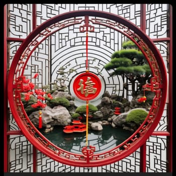 red wood decorative frame chinese new year holiday interior design decor decorations objects flowers garden flora High quality photo