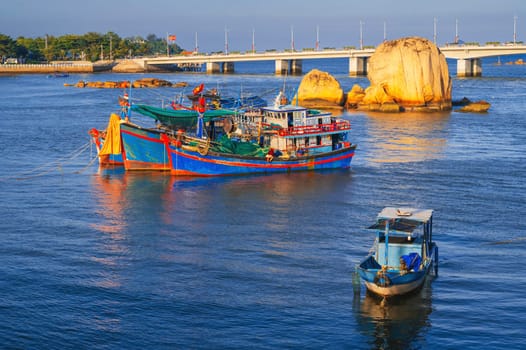 Sea transport. Vietnamese fishing boats in the South China Sea. Nha Trang.
