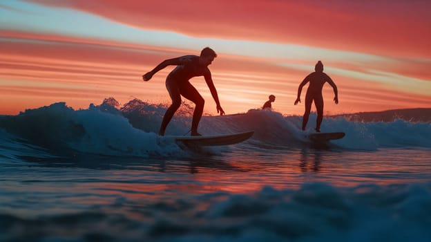 Three surfers catch waves against a vibrant sunset backdrop, showcasing their skills while enjoying a warm summer evening at the beach - Generative AI