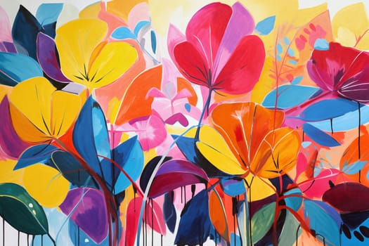 Colorful flowers with vivid petals in yellow, pink, and blue create an engaging atmosphere. The piece radiates energy and joy through its striking design - Generative AI