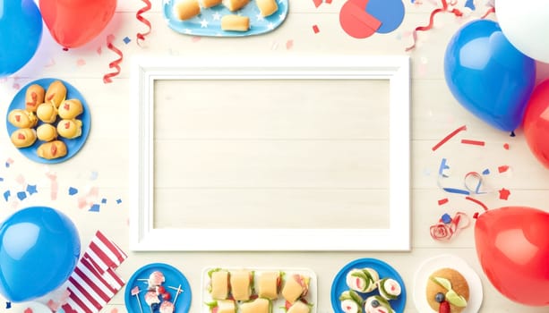 This image features a lively July 4th celebration with vibrant red, white, and blue balloons, streamers, and confetti, arranged around a central empty space on a light wooden table. Playful finger foods like mini sandwiches and fruit skewers add to the festive atmosphere.
