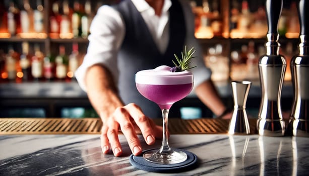 Close-up shots of a bartender's hand gently placing a purple cocktail onto a marble bar counter. The drink is served in an elegant martini glass with delicate garnishes, set against the backdrop of a dimly lit bar.