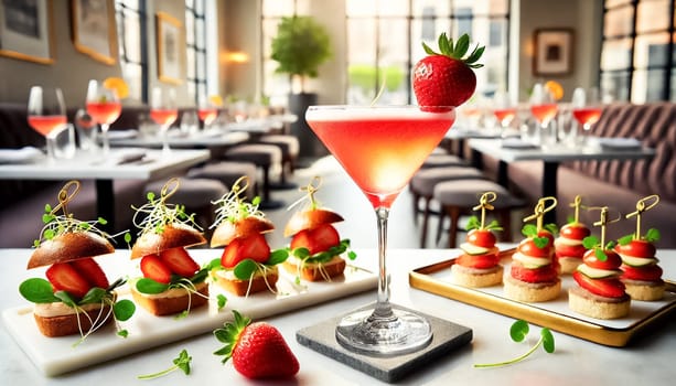 A strawberry cocktail in a martini glass, garnished with a fresh strawberry, sits on a marble table. The setting is bright and contemporary, with natural light flooding through large windows, highlighting the vibrant colors of the gourmet toast and sliders.