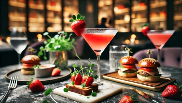 A strawberry cocktail garnished with a fresh strawberry, alongside gourmet toast topped with microgreens and a plate of sliders. The scene is set in a dimly lit atmosphere, with soft light highlighting the vibrant colors of the food and drink.
