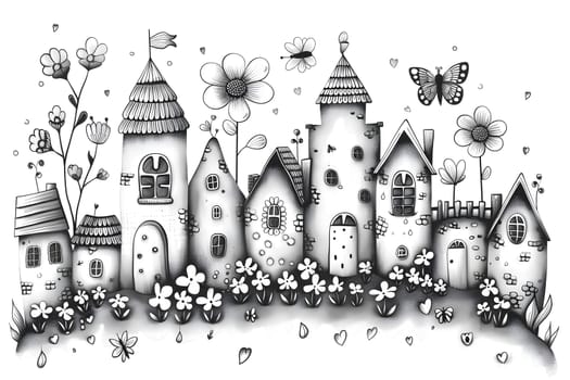 Whimsical fantasy village adorned with flowers and butterflies