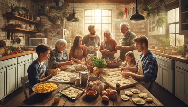 A multigenerational family engages joyfully in the art of making empanadas, surrounded by a bounty of ingredients in a warm, sunlit kitchen.