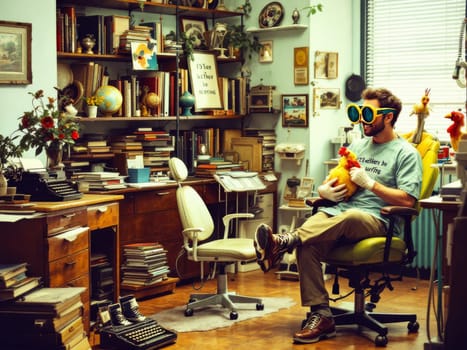 Quirky writer taking a break from writing, holding a rubber chicken and wearing oversized novelty glasses in his vintage office. Ai generated