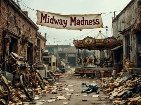 Desolate post-apocalyptic street scene featuring a weathered carousel, piles of debris, and a broken robot, evoking a sense of eerie abandonment and decay. Ai generated
