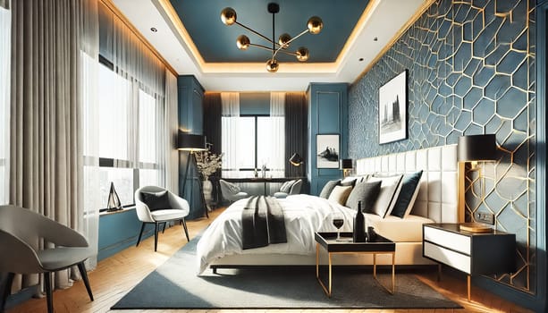 The stylish bedroom features a striking blue geometric wallpaper, a cushioned headboard, and contemporary decor. A sleek black bench holds a tray with wine glasses, adding a touch of luxury to the serene, well-lit space.