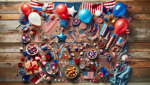 This image captures a purely decorative July 4th flat lay, showcasing a rich array of patriotic red, white, and blue decorations such as balloons, streamers, and confetti, artfully arranged on a rustic wooden table to enhance the festive atmosphere.