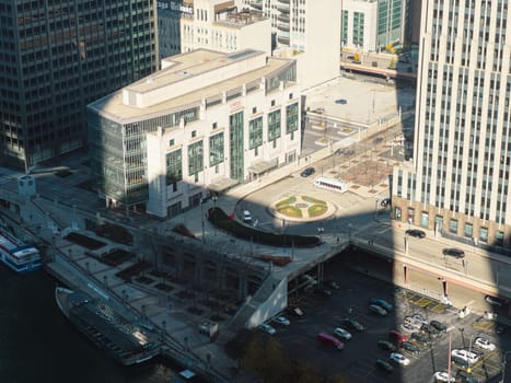 Chicago, Illinois, USA-November 9, 2023-A breathtaking aerial perspective of downtown Chicago, Illinois, captured from a tall building's window.