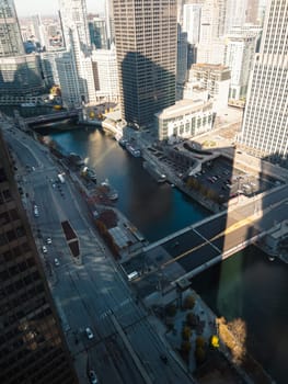 Chicago, Illinois, USA-November 9, 2023-A breathtaking aerial perspective of downtown Chicago, Illinois, captured from a tall building's window.