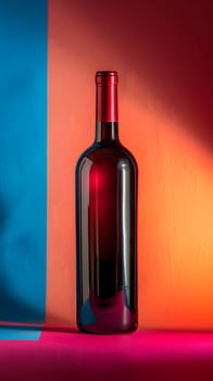 A glass bottle of red wine, sealed with a red bottle stopper, rests on a table. The cylindrical barware contains the fluid ready for a drink