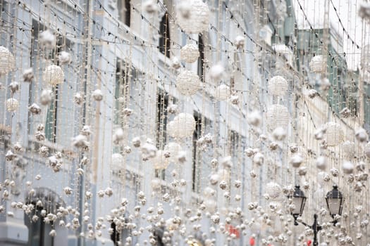 Winter Christmas light decoration on Nikolskaya street.